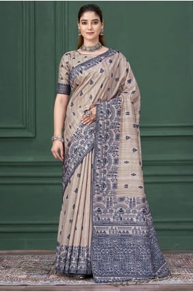 Saree in Beige Silk with Printed SR29015