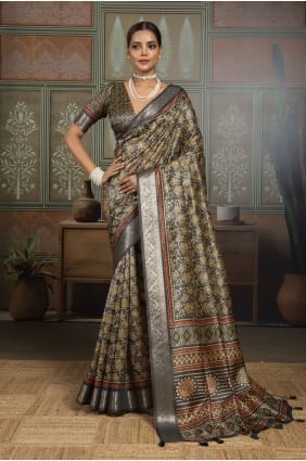 Printed Silk Saree in Black with Blouse SR30026