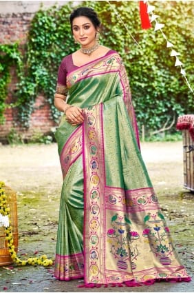 Dark Green Embroidered Silk Saree SR29836