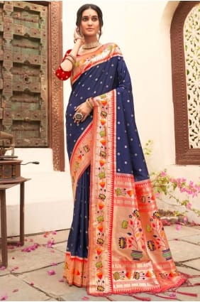 Silk Saree with Weaving in Navy blue SR29019