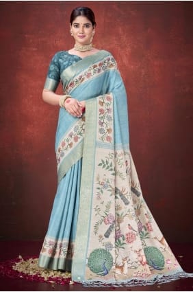 Printed Silk Saree in Sea green SR29033