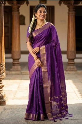 Violet Zari Printed Silk Saree for Festive Wear SR29880
