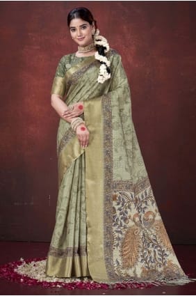 Silk Pista green Saree in Digital print SR29012