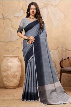 Embroidered Silk Denim grey Saree with Blouse SR29235