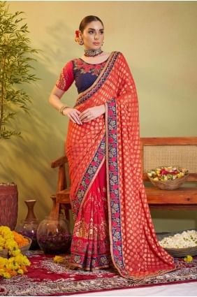 Silk Saree with Embroidered in Red SR28240