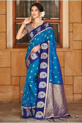 Silk Blue Saree in Weaving SR29490