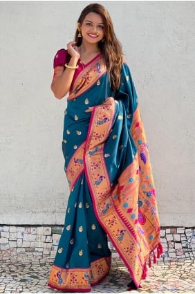 Teal Saree with Weaving Silk SR29387
