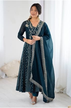 Teal Sequins Silk Anarkali Suit AS4220