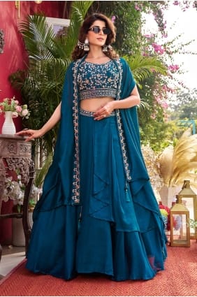 Sequins Silk Lehenga Choli in Teal with Dupatta LC9002