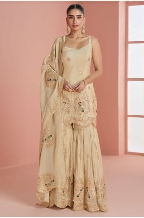Silk Sharara Suit with Embroidered in Beige SS1371