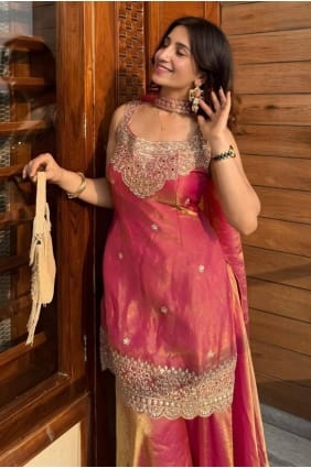 Peach pink Embroidered Sharara Suit in Silk SS1369