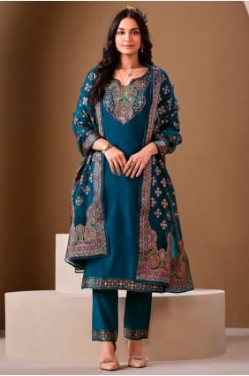 Teal blue Salwar Kameez in Silk with Embroidered SK155799