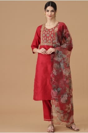 Embroidered Silk Salwar Kameez in Cherry red with Dupatta SK15747