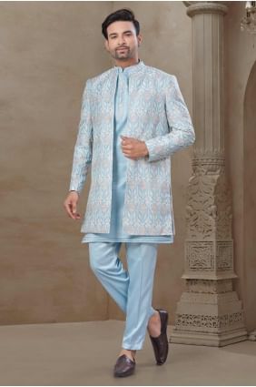 Silk Sky blue Men Kurta Pajama With Waistcoat in Printed KURR516