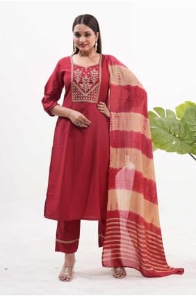 Silk Straight Pant Suit in Maroon with Embroidered SK155473