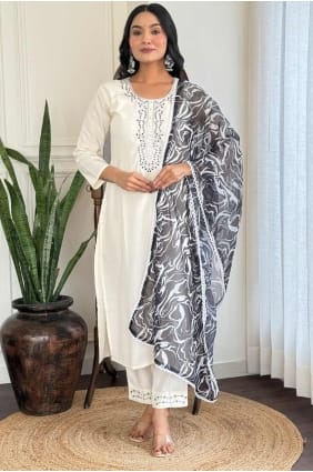 Silk Straight Pant Suit with Embroidered in Off white SK155262