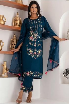 Silk Straight Pant Suit with Embroidered in Teal blue SK155477