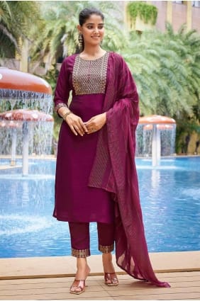 Silk Straight Pant Suit with Printed in Purple SK155529