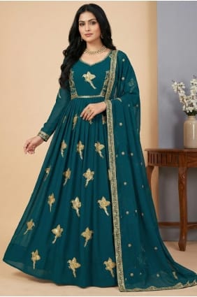 Silk Salwar Kameez with Thread in Teal AS4260