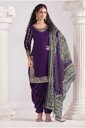 Voilet Silk Printed Patiala Suit with Dupatta PS2440