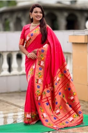 carrot pink Saree in Weaving Silk SR29137