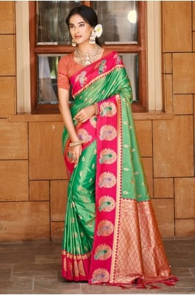 Silk Saree with Weaving in Green SR29493