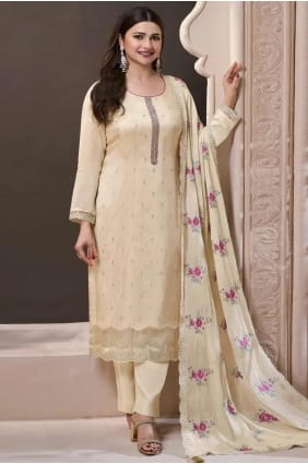 Silk White Straight Pant Suit in Embroidered SK155538