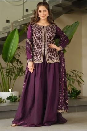 Wine Embroidered Silk Sharara Suit SS1270