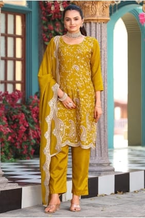 Yellow Silk Eid Salwar Kameez with Embroidered SK155938