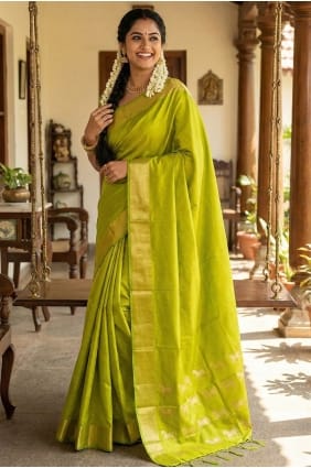 Parrot Green Zari Printed Silk Saree SR29879