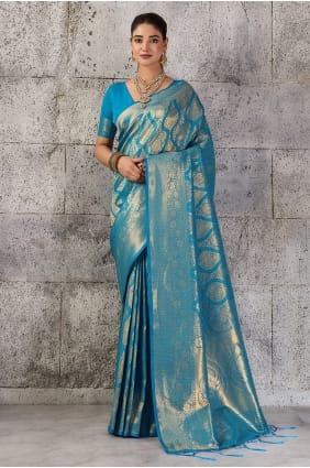 Silk Saree with Zari in Teal blue SR30100