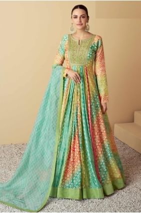 Sky and multi Embroidered Gown Dress in Muslin GW1084