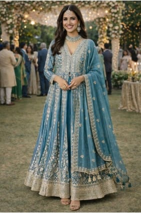 Embroidered Silk Anarkali Suit in Sky blue AS4270