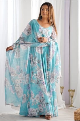 Lace Faux georgette Anarkali Suit in Sky blue with Dupatta AS4302