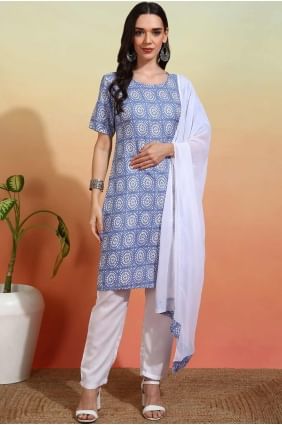 Sky blue Crepe Printed Straight Pant Suit with Dupatta SK155492