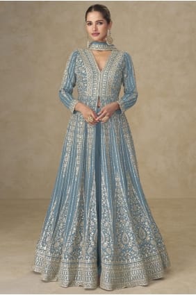 Chinon chiffon Anarkali Suit with Embroidered in Sky blue AS4295