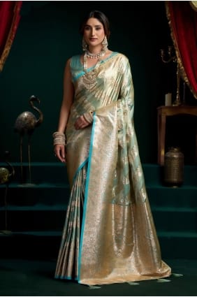 Embroidered Satin and silk Saree in Sky blue SR29572