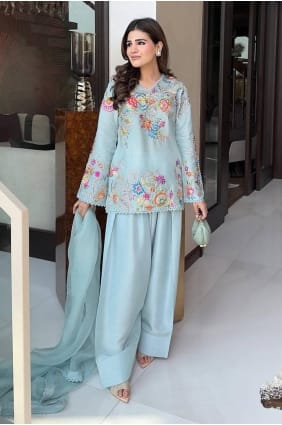 Sky Blue Crepe Palazzo Suit with Lace PZ4489