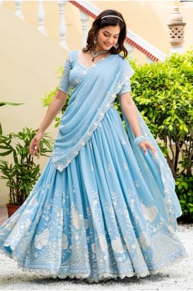 Embroidered Faux georgette Lehenga Choli in Sky blue LC9062