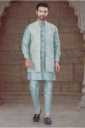 Sky blue Men Kurta with Weaving Silk KURR462