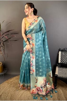 Sky blue Cotton Saree with Printed SR30066