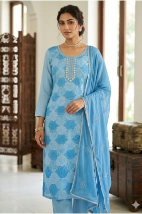 Muslin Sky blue Salwar Kameez in Printed SK159113