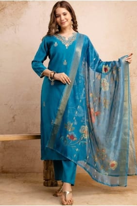 Silk Eid Salwar Kameez in Sky blue with Embroidered SK155994