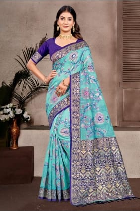Saree in Sky blue Cotton with Weaving SR29402