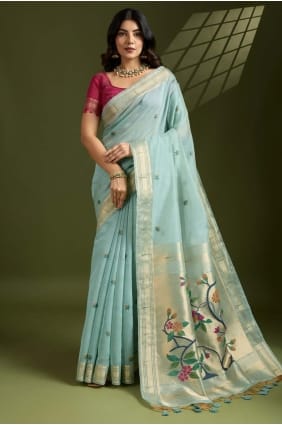 Weaving Cotton Sky blue Saree with Blouse SR29110