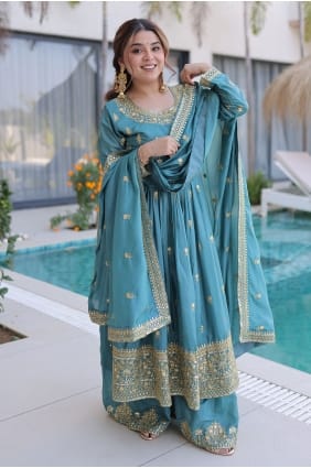 Silk Sky blue Palazzo Suit in Sequins PZ4414
