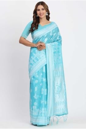 Rich Weaving Linen Saree in Sky blue SR28676