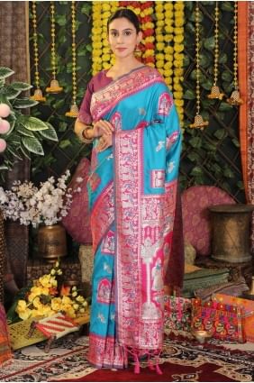 Weaving Saree in Sky blue Silk SR28894