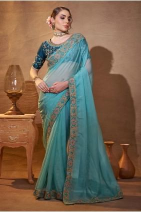 Embroidered Organza Saree in Sea green with Blouse SR28245