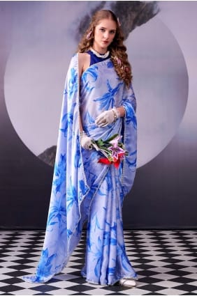 Satin Saree with Printed in Blue SR29937